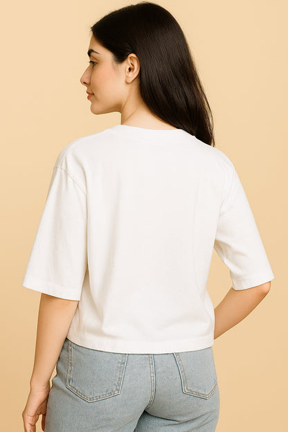 Women Printed Round Neck Organic Cotton White T-Shirt