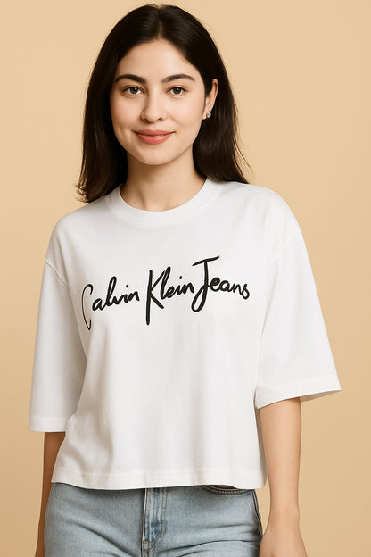 Women Printed Round Neck Organic Cotton White T-Shirt