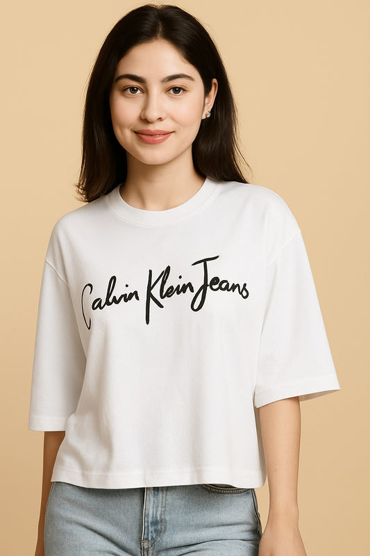 Women Printed Round Neck Organic Cotton White T-Shirt - Calvin Klein Jeans