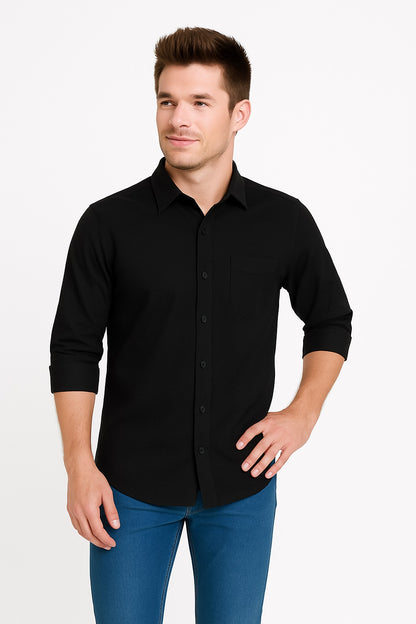Sparrow Slim Fit Black Solid Stretch Formal Shirt